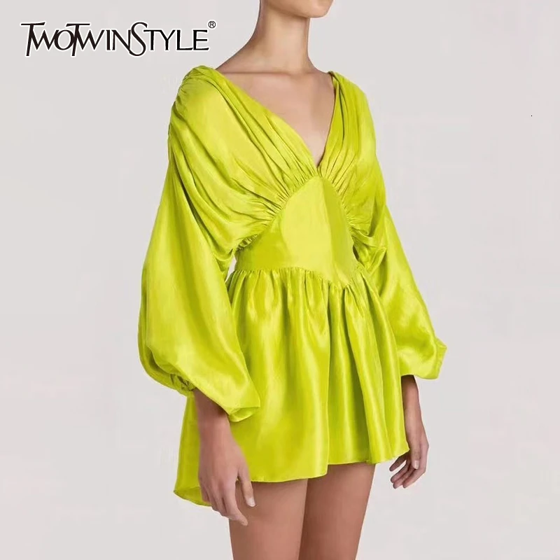 TWOTWINSTYLE сексуальное женское платье с рюшами v образный вырез фонарь длинный рукав