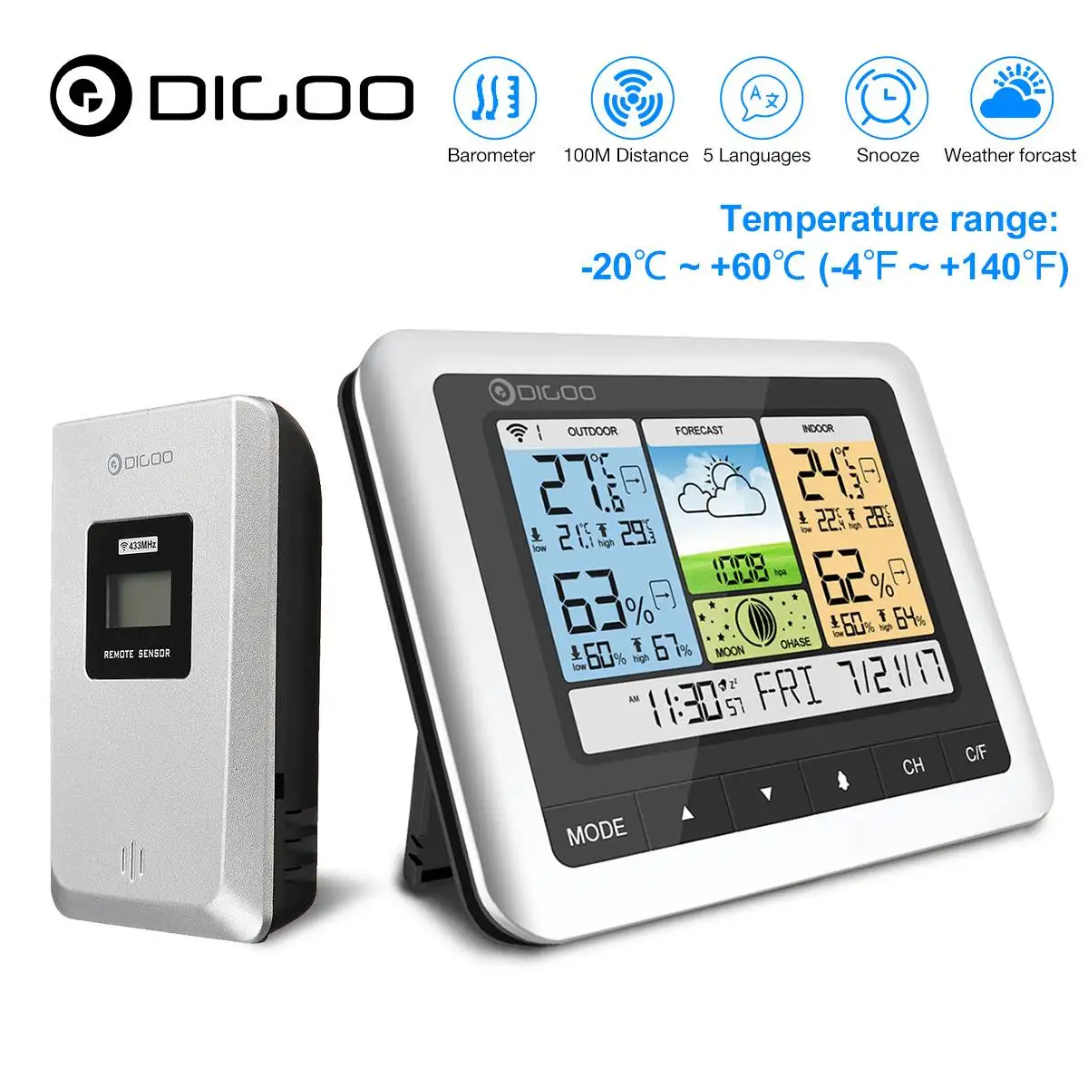 

Беспроводная метеостанция Digoo DG-TH8888, комнатный термометр, датчик влажности, датчик прогноза, будильник, подсветка даты
