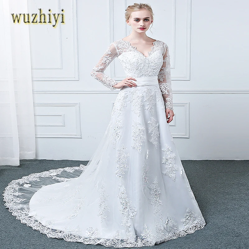 WUZHIYI Vestidos De Noivas V Neck Wedding Dresses Boho Lace Appliques Pleated A Line Bridal Gowns Custom Made Robe Mariee | Свадьбы и