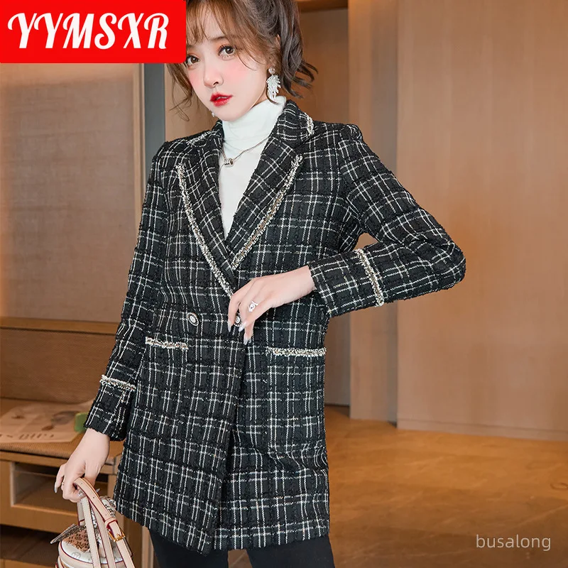 2022 Autumn and Winter New Large-size Women's Professional Small Suits, High-quality Casual Plaid Long Ladies Jackets