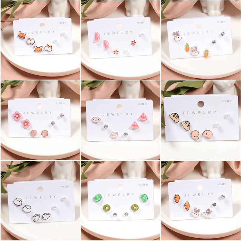 

6Pcs/set 925 Sliver Earring Girl Cute Cartoon Pattern Fruit Animal Rhinestone Pearl Stud Earrings For Women Jewelry Sets