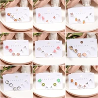 6pcsset 925 sliver earring girl cute cartoon pattern fruit animal rhinestone pearl stud earrings for women jewelry sets