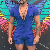 wepbel zipper short sleeve hooded rompers pants with pockets overalls mens one piece tight fitness jumpsuit