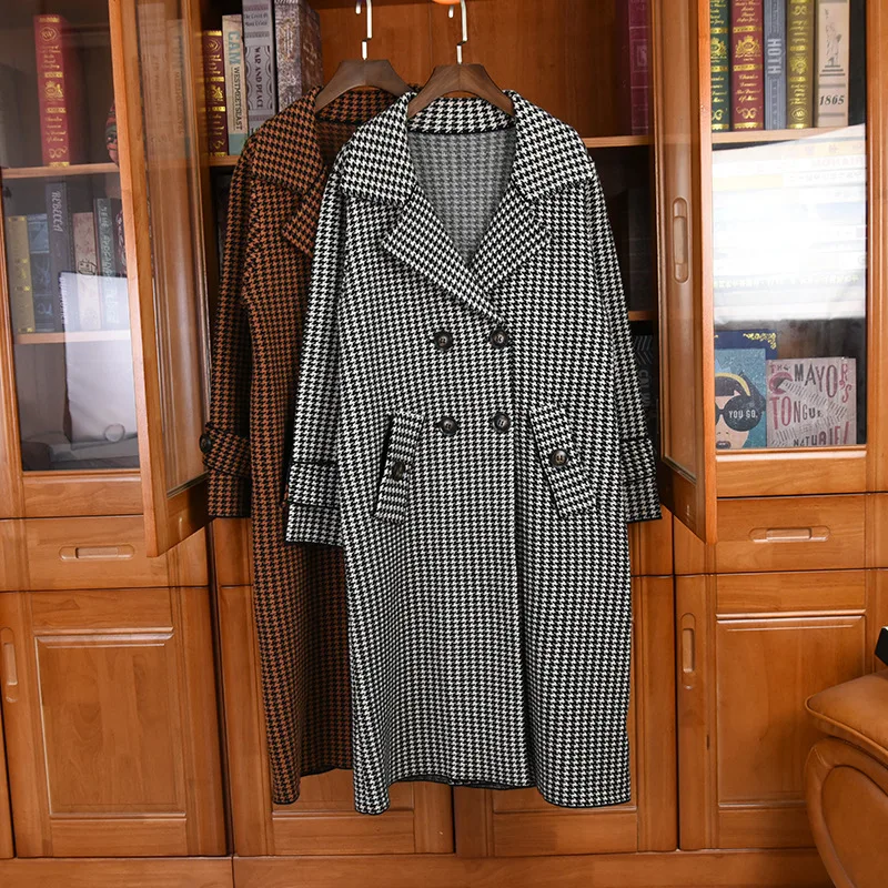 

Korean style Women's Elegant houndstooth Overcoat High quality women autumn Double-breasted Coat C575