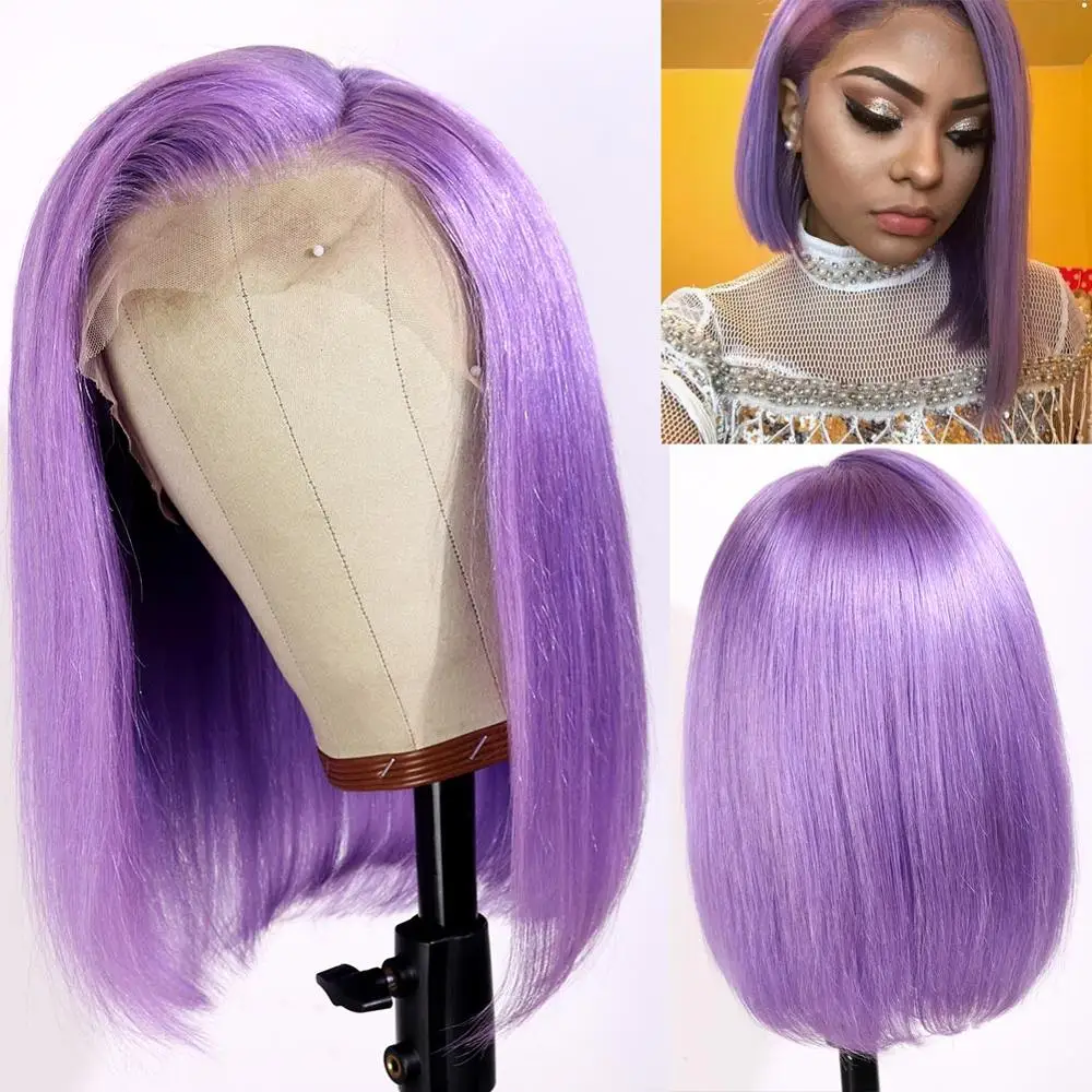 Purple Колодо бразильский Боб кружевные передние парики цветные короткие синие человеческие волосы парик с детскими волосами предварительно выщипанные волосы remy боковая часть кружевные парики - Цвет волос: Purple