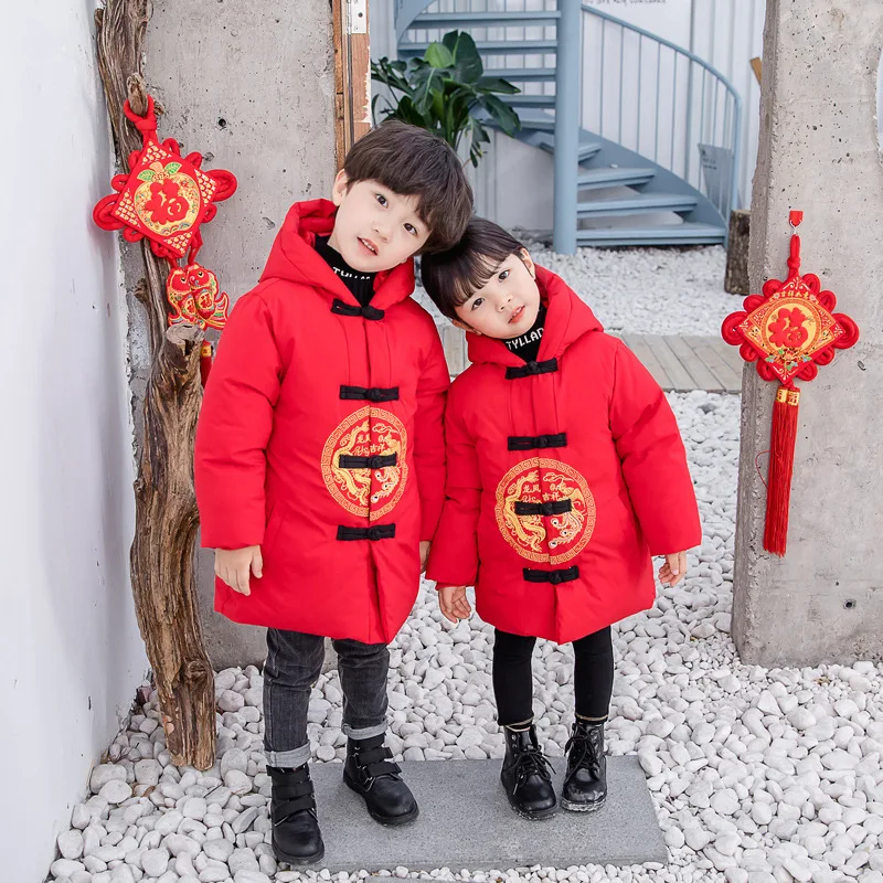 Boys Parkas for Lunar New Year Girls Embroidery Dargon Coat Winter Cotton Children Clothes Kids Brothers Sisters Hooded Jacket
