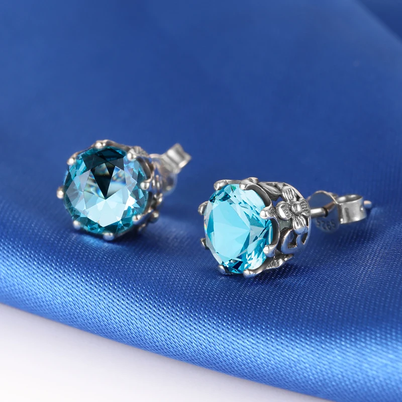 Реальные 925 серебряные серьги гвоздики в виде Аквамарин геометрический