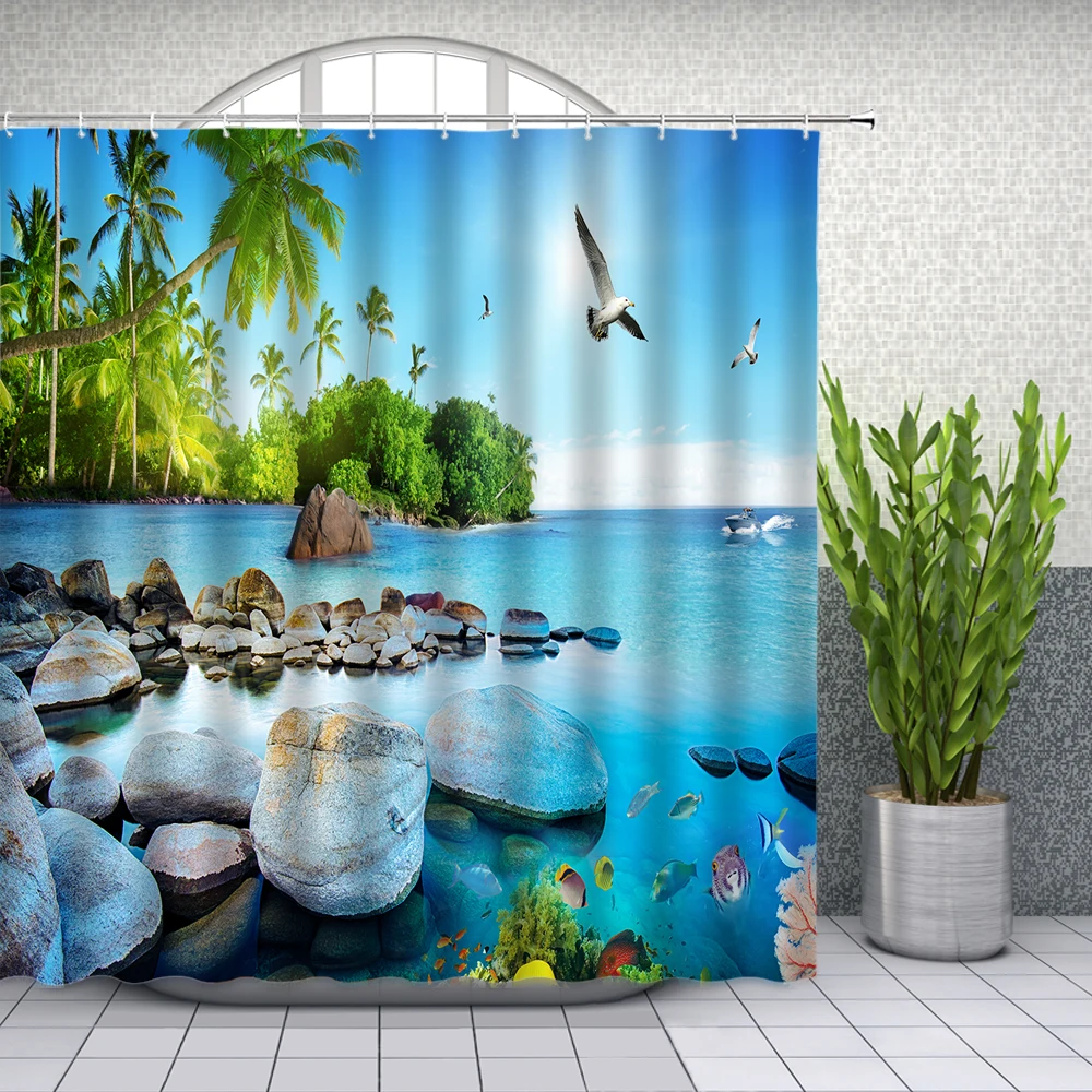 

Ocean Scenery Shower Curtains Seaside Stone Coconut Tree Seabird Bathroom Decor Home Bath Waterproof Polyester Cloth Curtain Set