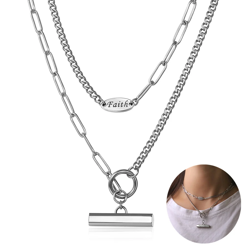 

Персонализированные вера кулон колье ожерелье для женщин Серебряный цвет нержавеющая сталь Скрепка кубинская цепь Выгравированная бар ту...