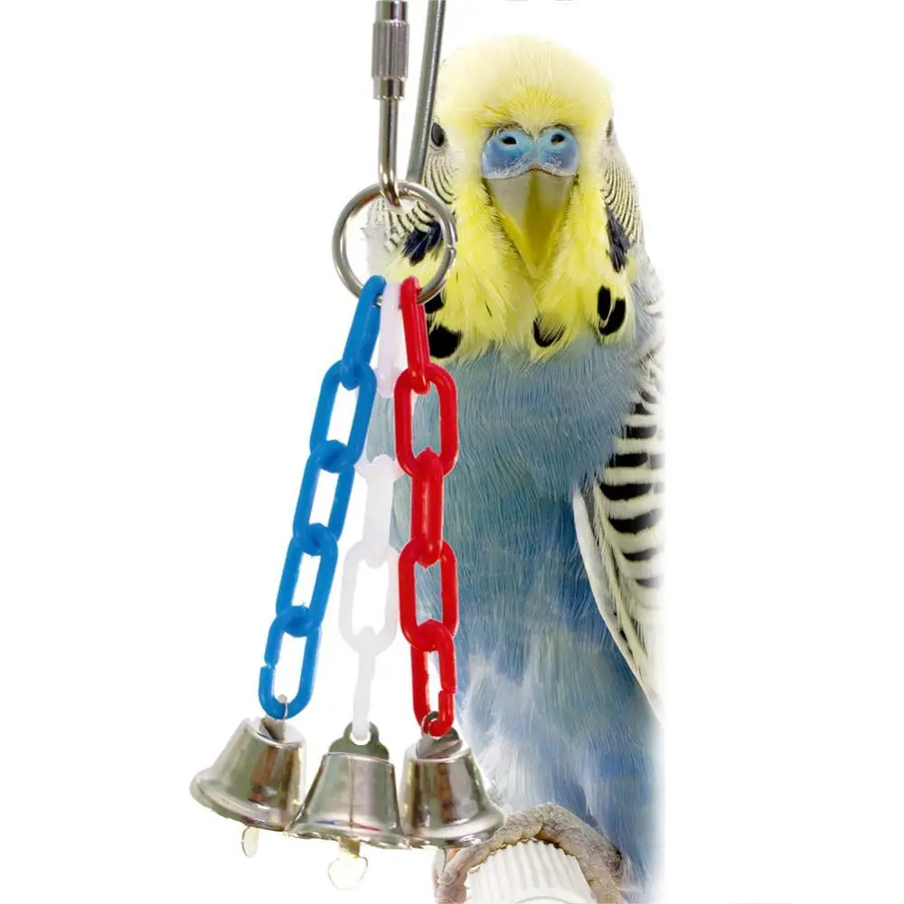 

Bird Parrot Fashion Blue Green Yellow Pendant Decorations Wood 3 Bell Chain Molar Grinding Paw Chewing Toy Cage Decoration