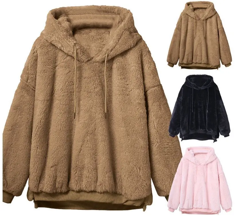 

2020 Women Sweater New Autumn Winter Double-Faced Fleece Hooded Long-Sleeved Top Large Size