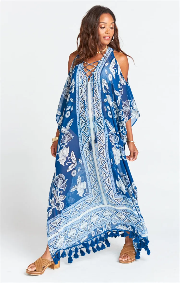 Сексуальное длинное пляжное платье с открытыми плечами на шнуровке женская