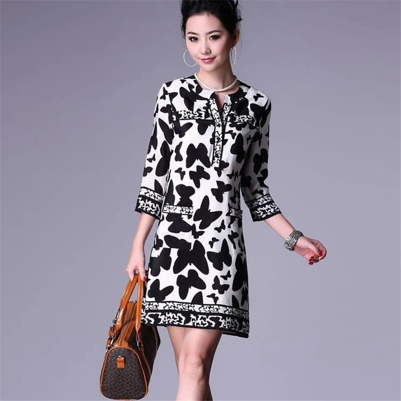 

Female Ol Plus Size Spring V-neck Three Quarter Print Straight Dresses Woman Summer Autumn Oversized Knee -length Hedging Dress