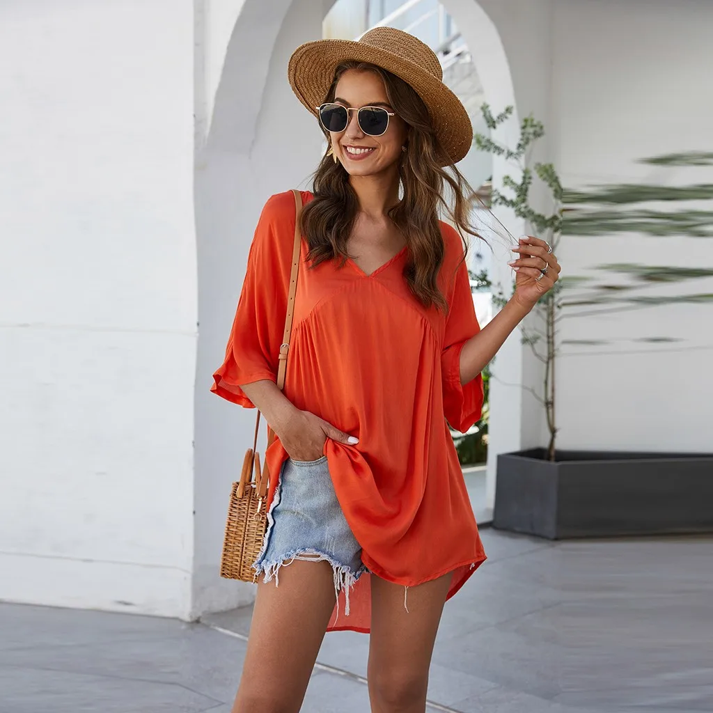 Fashion Women V-Neck Half Sleeve Solid Casual Mini Dress Beach Black White Orange Summer skirt with sleeves | Женская одежда