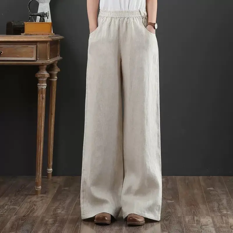 

Pure Linen Large size wide leg pants elastic waist solid color Retro women Trousers Autumn Loose casual Long Pants