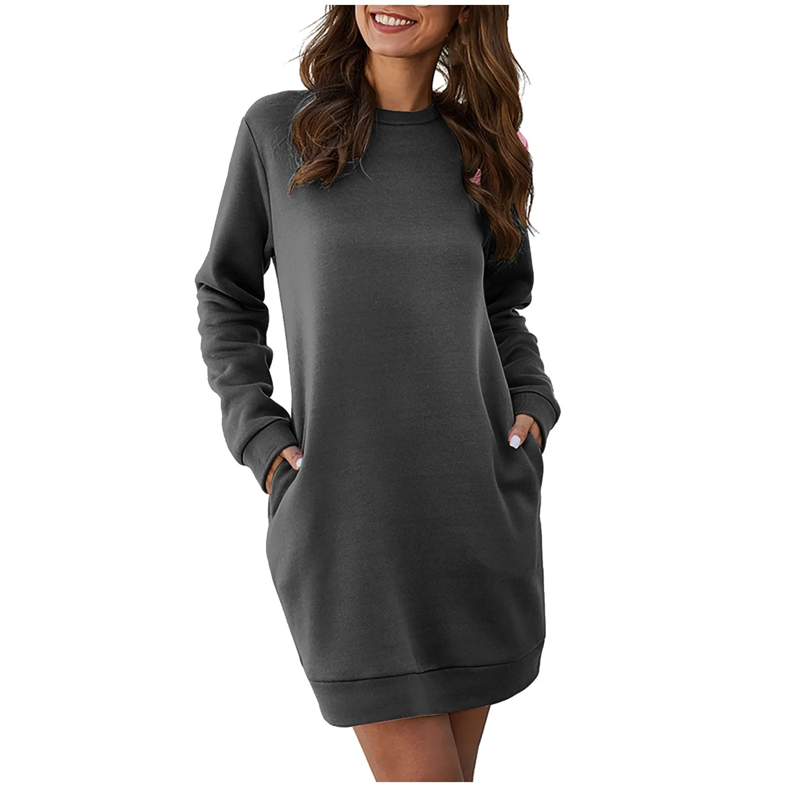 

Women's Solid Color Round Neck Pullover Pocket Sweatshirt Solid Color Long Sleeve Personalized Loose Casual Mini Dress