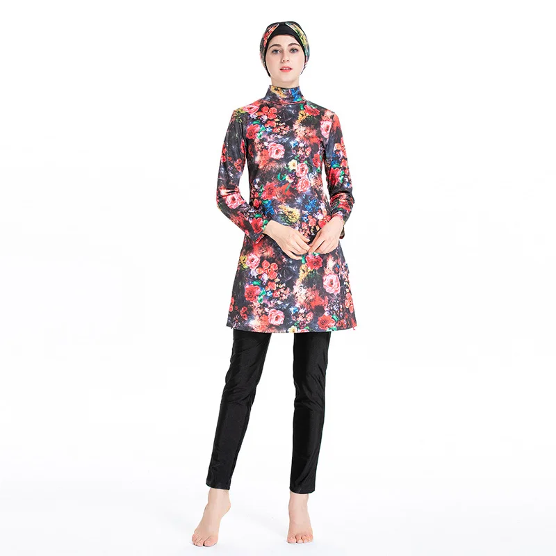 

2021 new Long Sleeve printing Full Burkini Muslim Swimwear Plus Size Hijab Islamic Swimsuit Turkey Women S-M-L-234XL sport swim