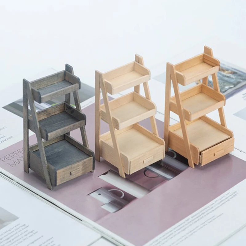 

1/12 Dollhouse Miniature Wooden Rack Flower Stand Three Shelves Drawers Plain Planters Mini Furniture Model Micro Scene