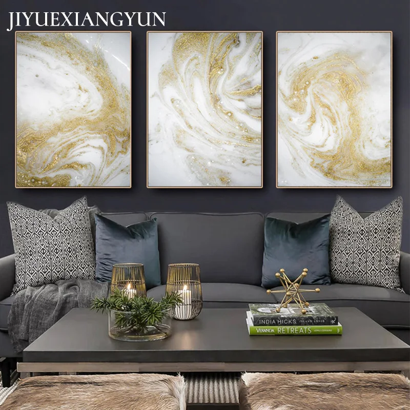 Золотая мраморная абстрактная живопись холст плакат и печать Скандинавский