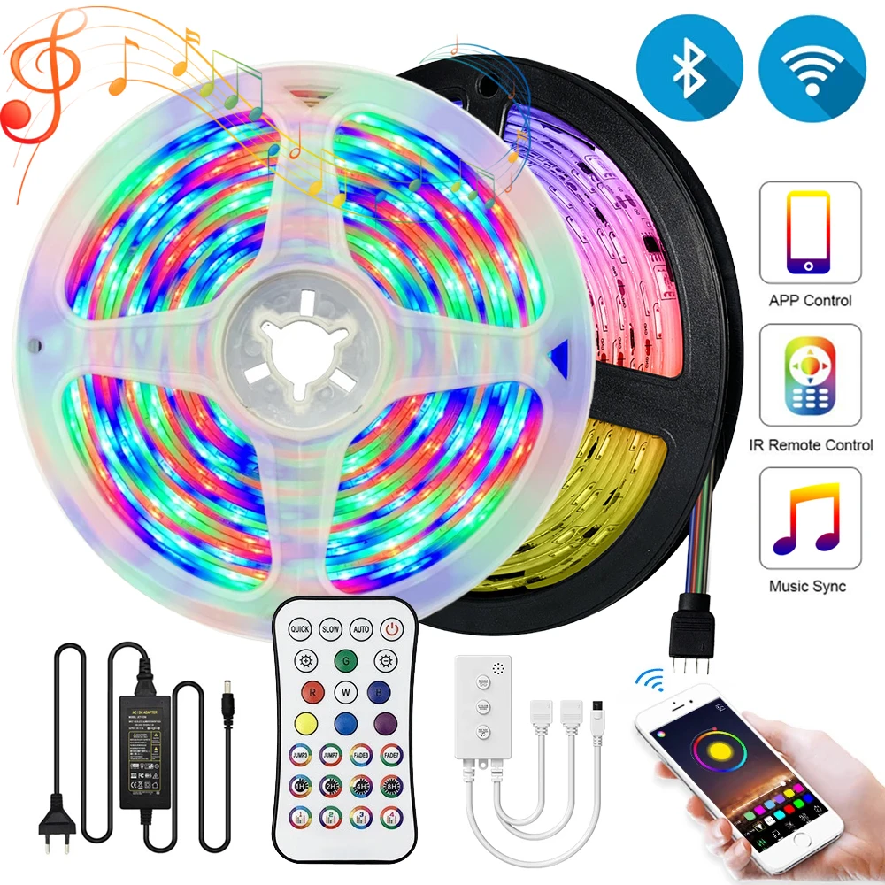 

5M 10M 15M WiFi Bluetooth LED Strips Lights 220V RGB 5050 Ledstrips LED Multicolor Ribbon Tape for Bedroom Wall Decoration