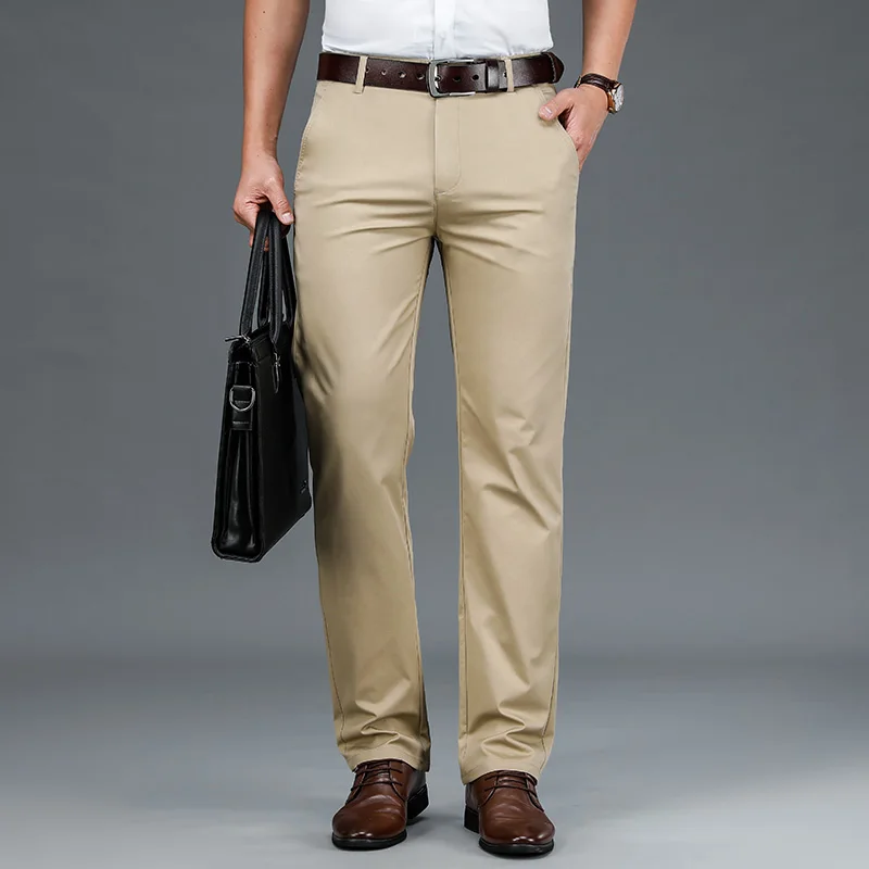 

Plus Size Men's Business Thin Long Pants Classic Stretch Cotton Slim-fit Khaki Casual Trousers Straight and Versatile Dad Pants