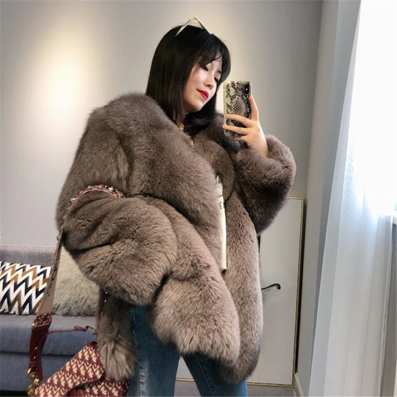 Высококачественное модное меховое пальто из лисьего меха, кожаная куртка, женское меховое пальто, Осень-зима, новая свободная теплая парка W176