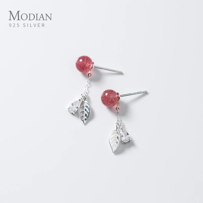 MODIAN 925 Стерлинговое Серебро длинная цепь листьев, блестящие циркониевые серьги-капельки для женщин розового цвета Кристальные жемчужные серьги, хорошее ювелирное изделие