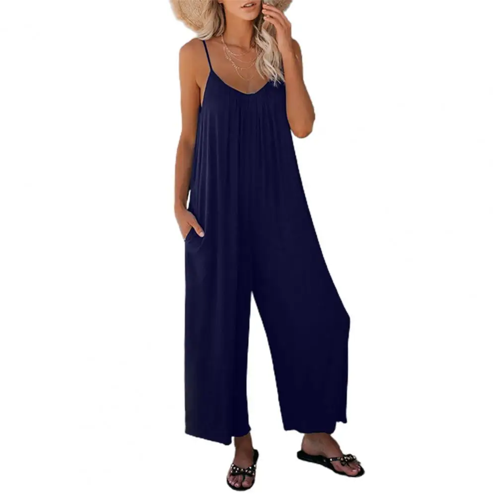 

Jumpsuits Women Overalls Pockets Siamese Rompers Summer Ladies Casual Adjustable Spaghetti Strap Stretchy Long Wide Leg Pants