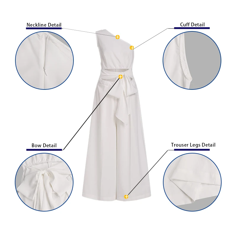 

Women Overalls 2021 VONDA Female Pleated Bow Long Trousers Office Ladies Wide Leg Pants Solid Color Sleeveless Zipper Jumpsuits