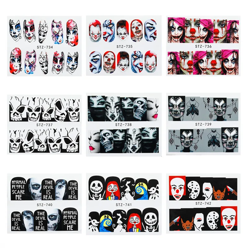 9pcs Suit Skeleton Nail Sticker Water Self-Adhesive Halloween Slider Tattoo Big Eyes Scary DIY Stickers Decoration | Красота и