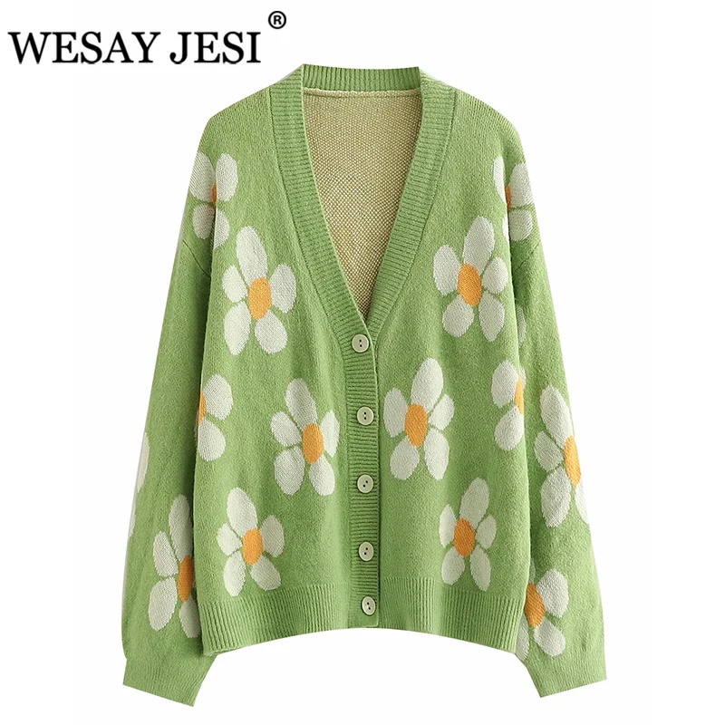 

WESAY JESI Women Clothes Casual Single-breasted Cardigan TRAF ZA Sweater Loose Knitted Tops V Neck Twist Pattern Sweater 2021