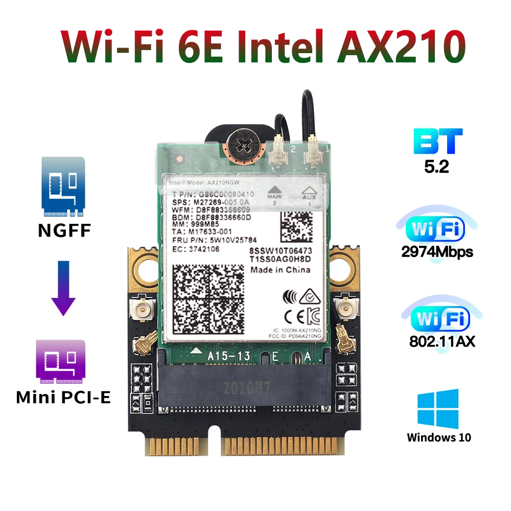 Мини PCI-E Wifi 6E адаптер Intel AX210 Bluetooth 5 2 6 карт 4G ГГц беспроводной 3000 Мбит/с AX210NGW 802.11ax/ac