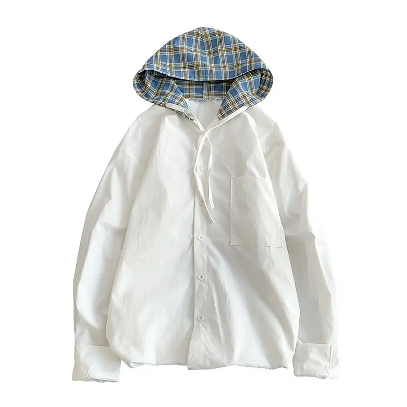 

2020 Spring And Autumn New Youth Popular Loose Contrast Hooded Long-sleeved Shirt Fashion Casual Single-breasted Shirt S-XL