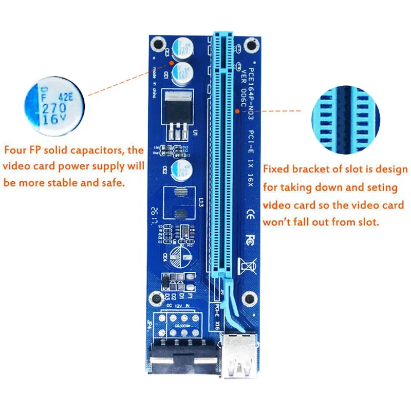 PCI-E удлинитель PCI Express Riser Card ver 006 1x до 16x USB3.0 SATA 4Pin IDE Molex разъем питания для