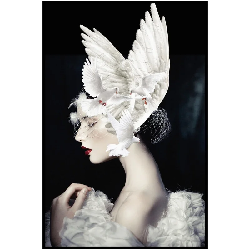 

Nordic Style Feather Hat Beautiful Woman Pigeons Canvas Painting Posters And Prints Wall Pictures For Living Room Decoration