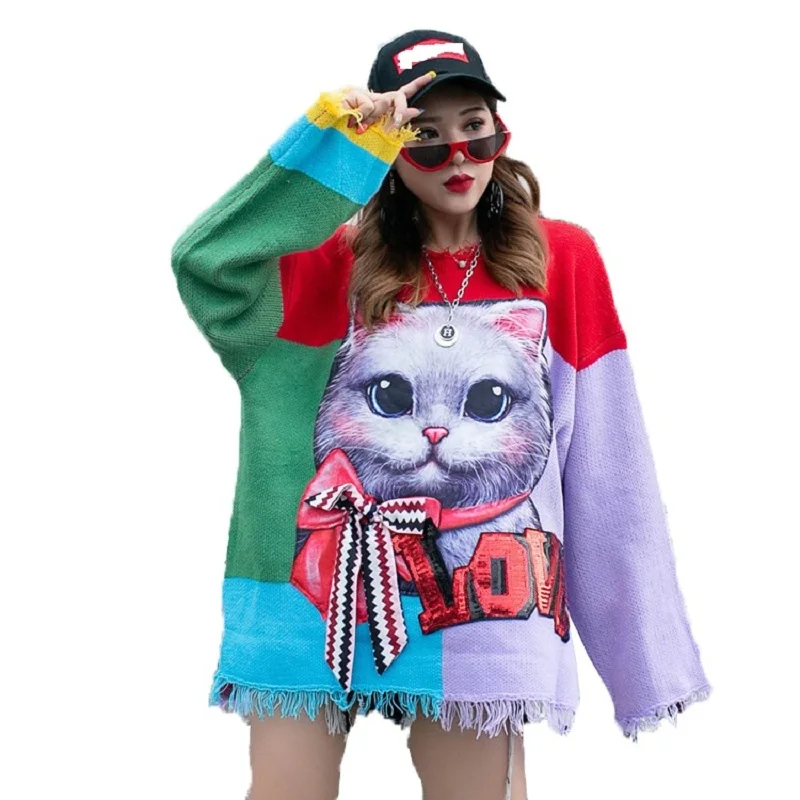 QING MO Patchwork Color Women Sweater Cat Printed Pullovers 2019 Autumn Winter Chic Casual Style ZQY1486 Женская одежда