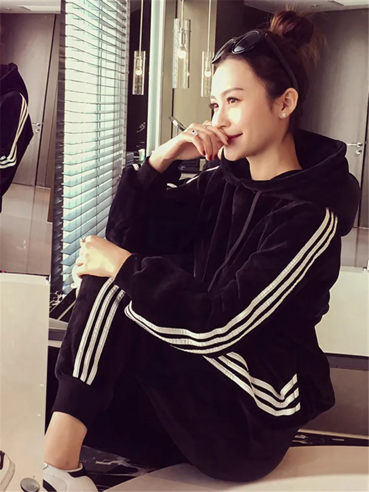 Осенне-зимний спортивный костюм, спортивная одежда для женщин, бархатные Свободные толстовки с капюшоном, толстовка+ штаны, для отдыха, бега, набор, теплый костюм, спортивный костюм