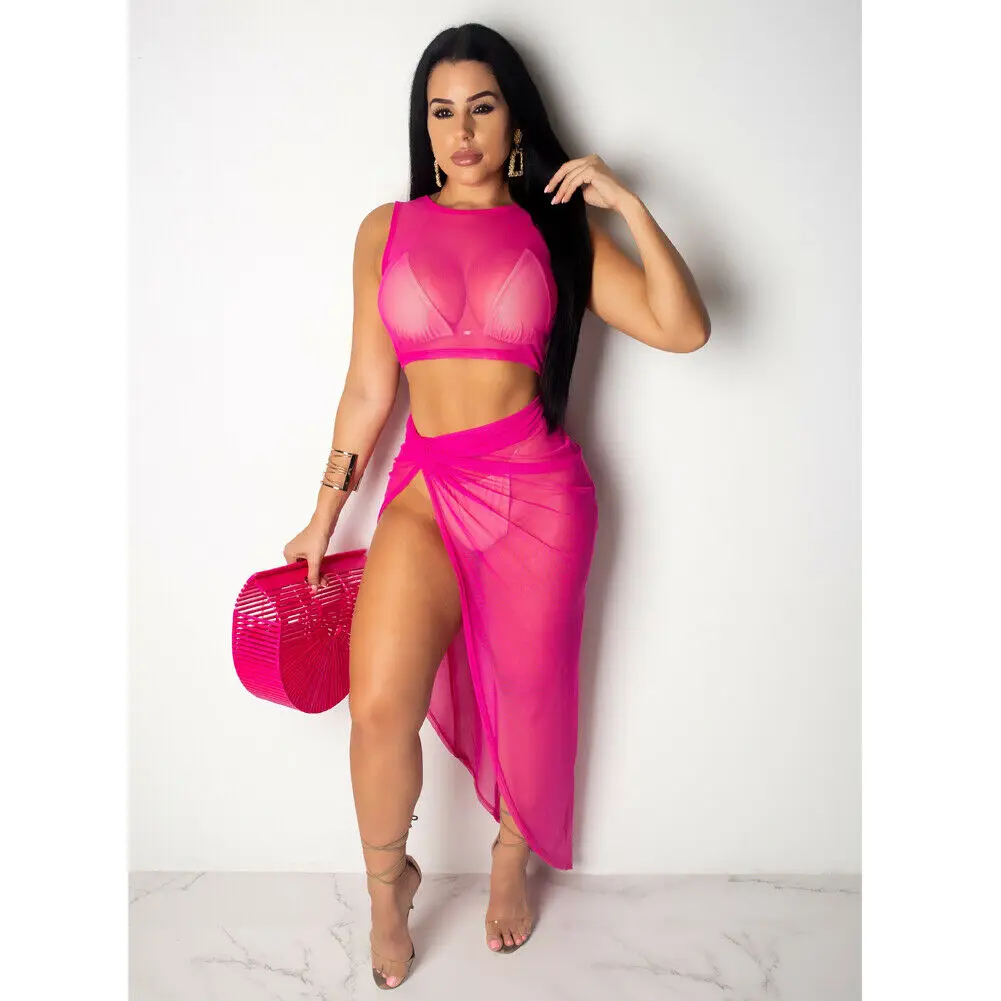 Women 2 Piece Bodycon Two Crop Top and Skirt Set Bandage Lace Crochet Bikini Cover Up Swimwear Bathing Suit | Женская одежда