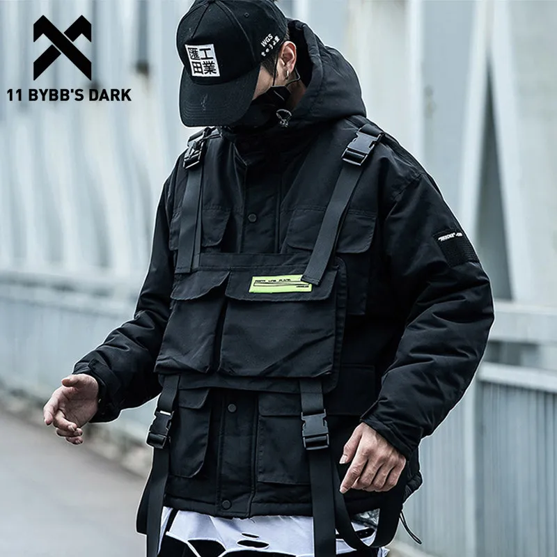 11 BYBB'S DARK съемные Мульти Карманы Лоскутные парки с капюшоном мужские хип хоп