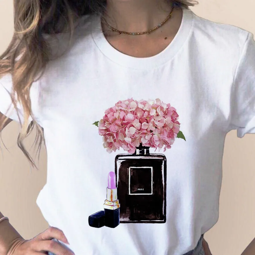 Женская футболка с цветочным принтом и флаконом духов Милая коротким рукавом для