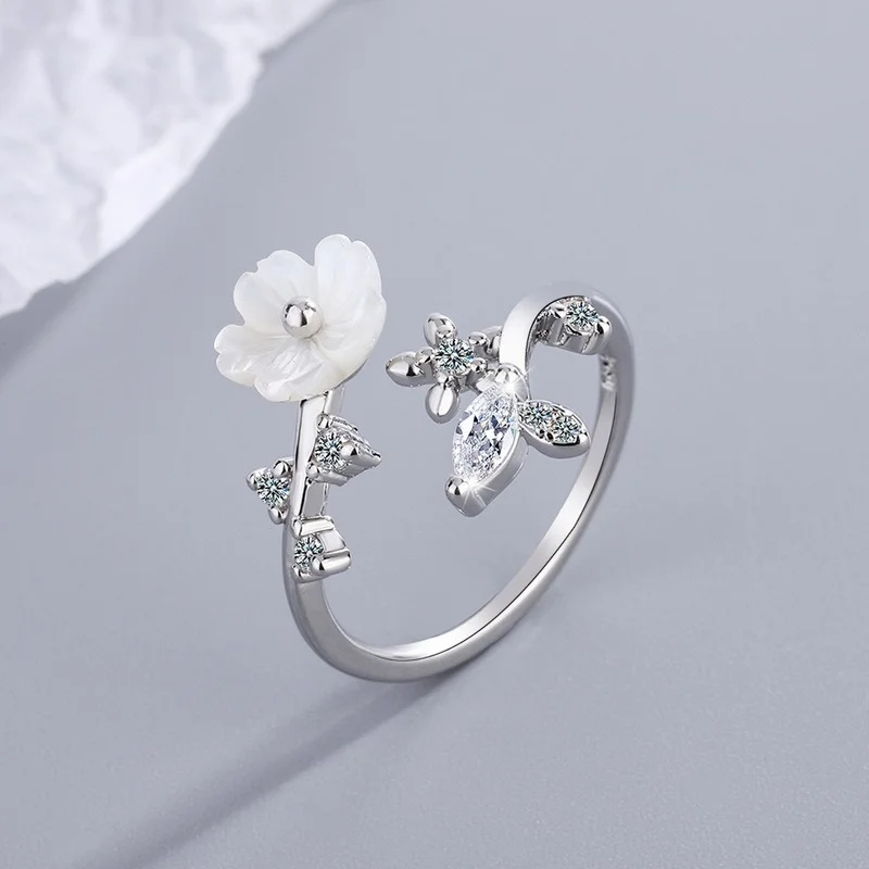

Ring Trendy 2021 Korea Fashion Sweet Shell Flower Inlaid Zircon Leaf Flower Opening Adjustable Rings for Women Jewelry Wholesale