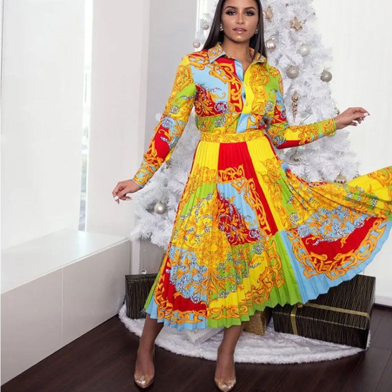 

Vintage Women Pleated Dress Spring Autumn 2021 New Chic Printed Retro Female Robe Femme Vestiods High Waist Lady Work Wear Dress
