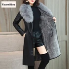 VmewSher зимняя женская кожаная куртка с большим меховым воротником, новая плюшевая подкладка, Вельветовая теплая тонкая куртка с поясом, длинное кожаное пальто, женская верхняя одежда, M-4XL