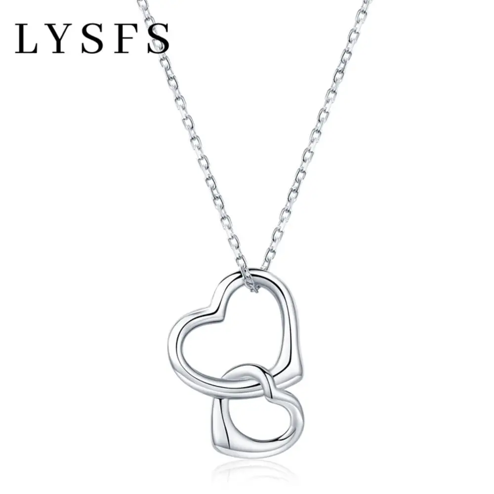 LYSFS Genuine 925 Sterling Silver Necklace Double Heart Pendant For Women Love Necklace Pendant Jewelry 925 silver plated necklace with stylish heart pendant