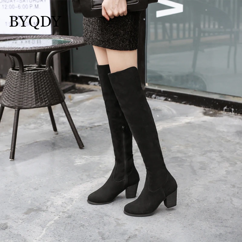 Женские сапоги выше колена с круглым носком BYQDY высокие толстые замшевые