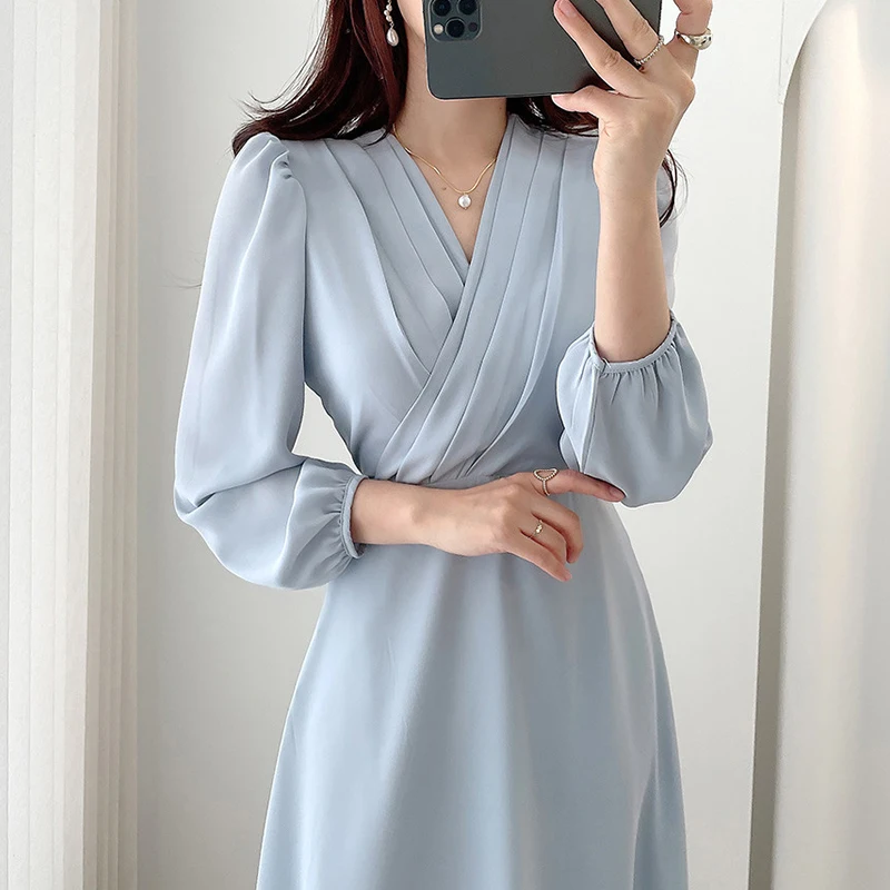 

Korea chic retro temperament fold chiffon slim dress long sleeve woman.