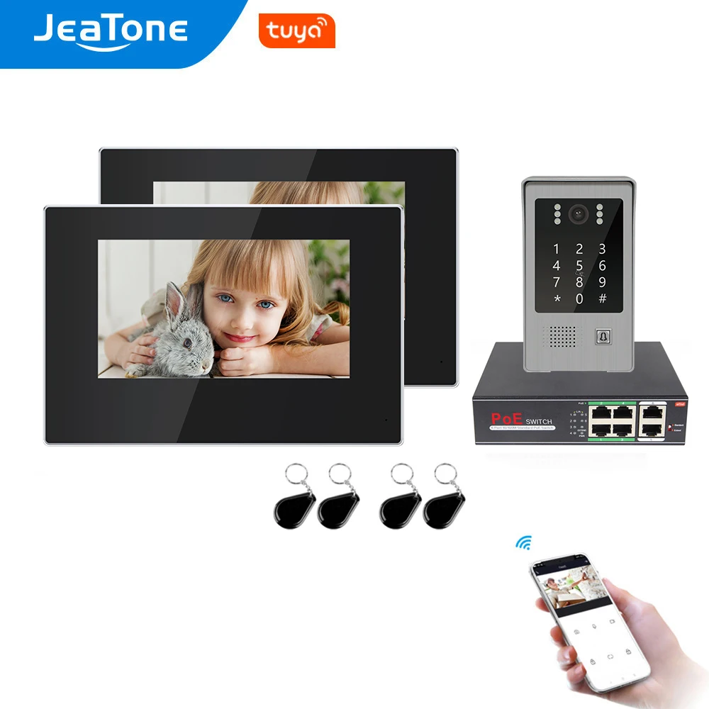 

TuyaSmart APP IP WIFI Video Doophone Intercom POE System 7''Touch Screen monitor with doorbell support Password/RFIC Card 125MHZ