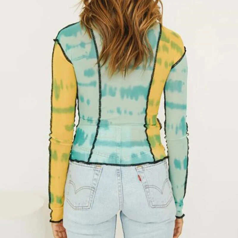 

Spring Summer Printed Ruffle Women Tops Fashion Mesh Colorful Ladies Basic T-Shirt 2021 Thin Slim Street Casual T-Shirts