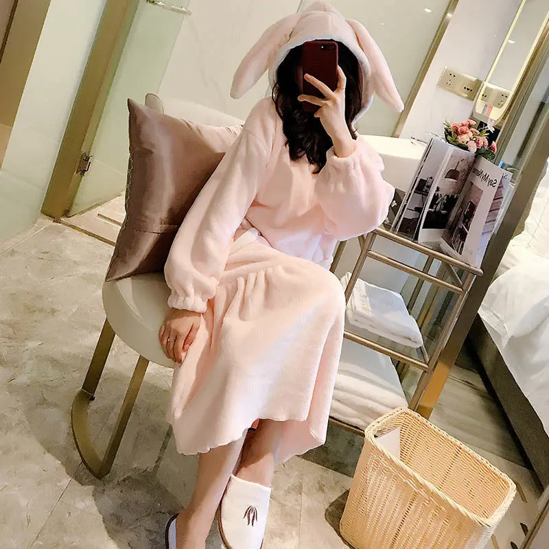 Facecloth Nightgown Winter Korean Version The Long Coral Velvet Pajamas Female Autumn Fresh Students Cute Maternity Home Clothes