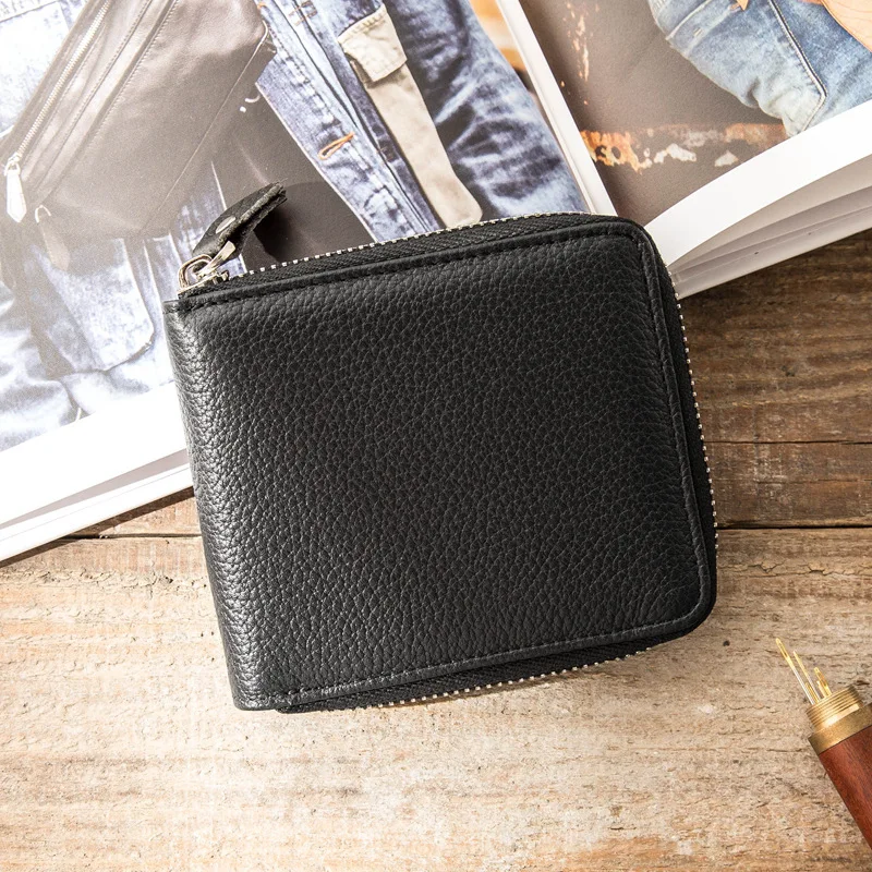 Мужской кошелек короткий из натуральной кожи на молнии Многофункциональная